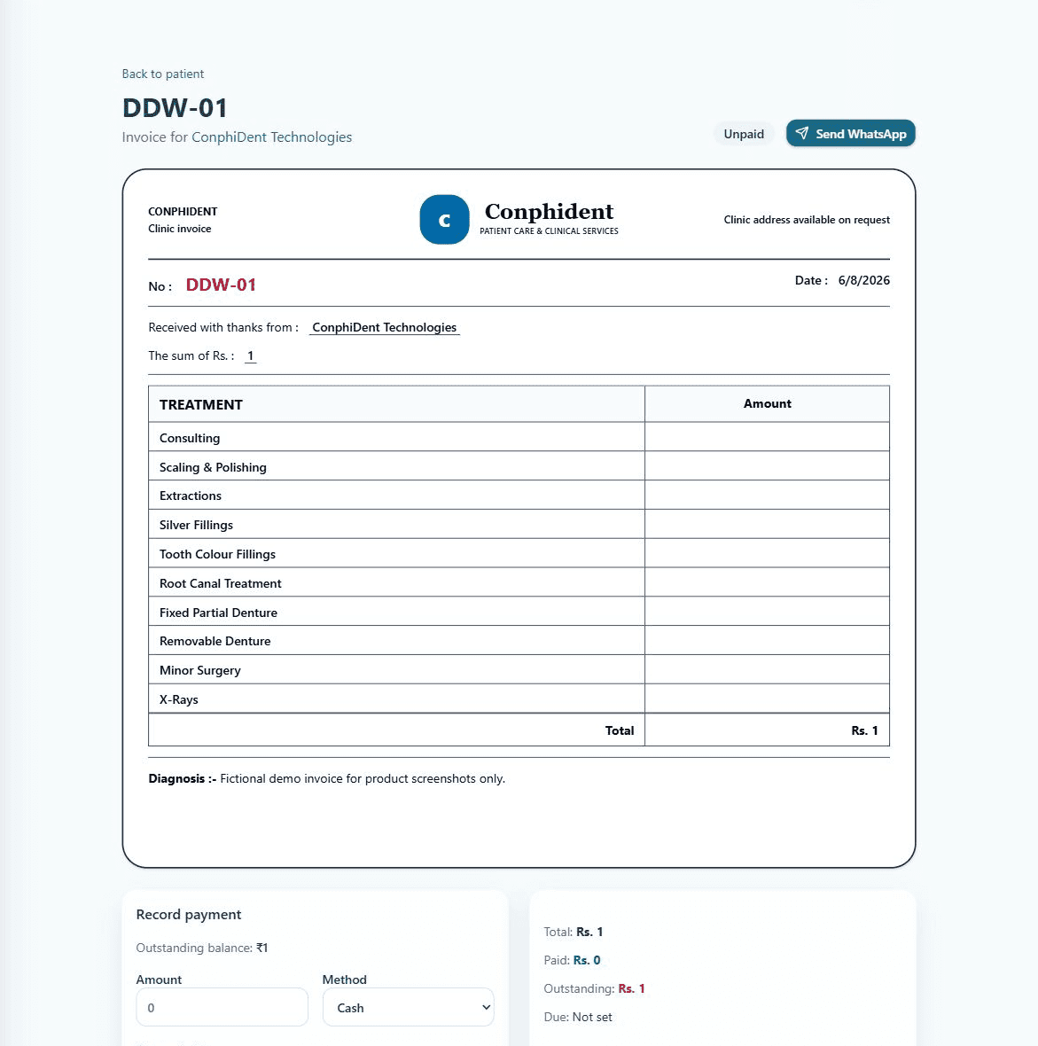 ConphiDent invoice and payment workspace using fictional demo data