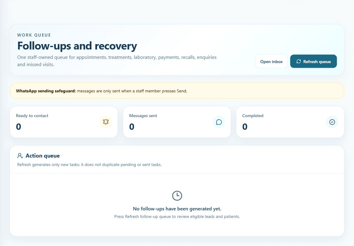 ConphiDent follow-up queue using fictional demo data