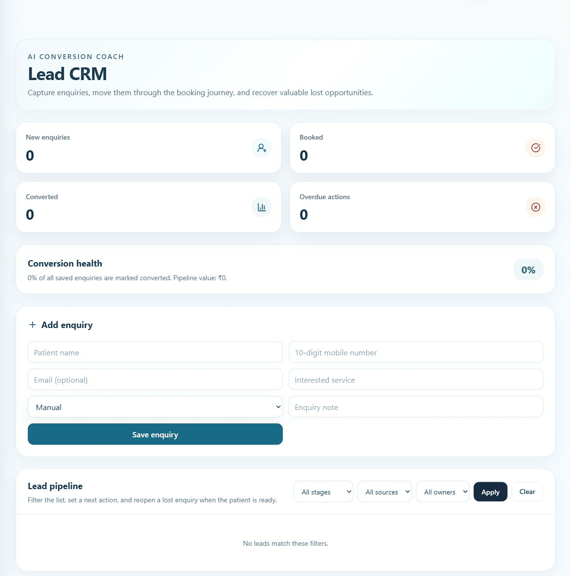 ConphiDent lead CRM with fictional enquiry data