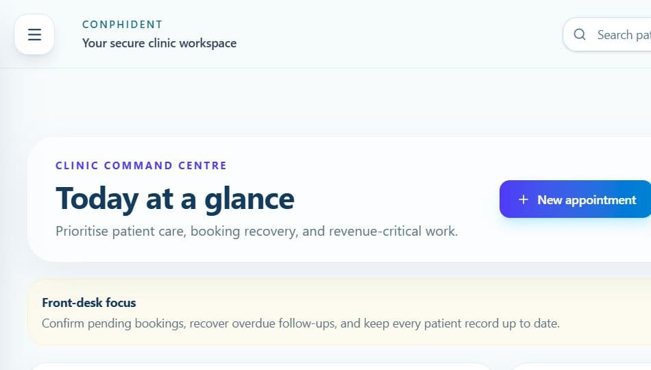 Dashboard workspace in ConphiDent using fictional demonstration data